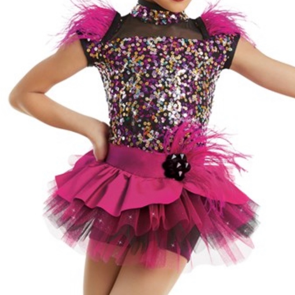 Weissman Jazz or Tap Dance Costume Pink / Black Sequin & Feathers